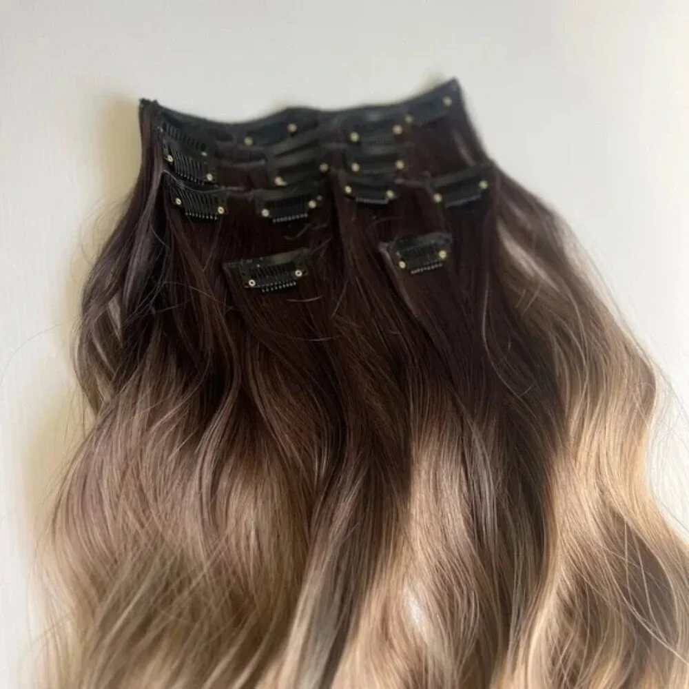 Water Wave Brown to Ash Blonde Balayage Clip in Hair Extensions Set
